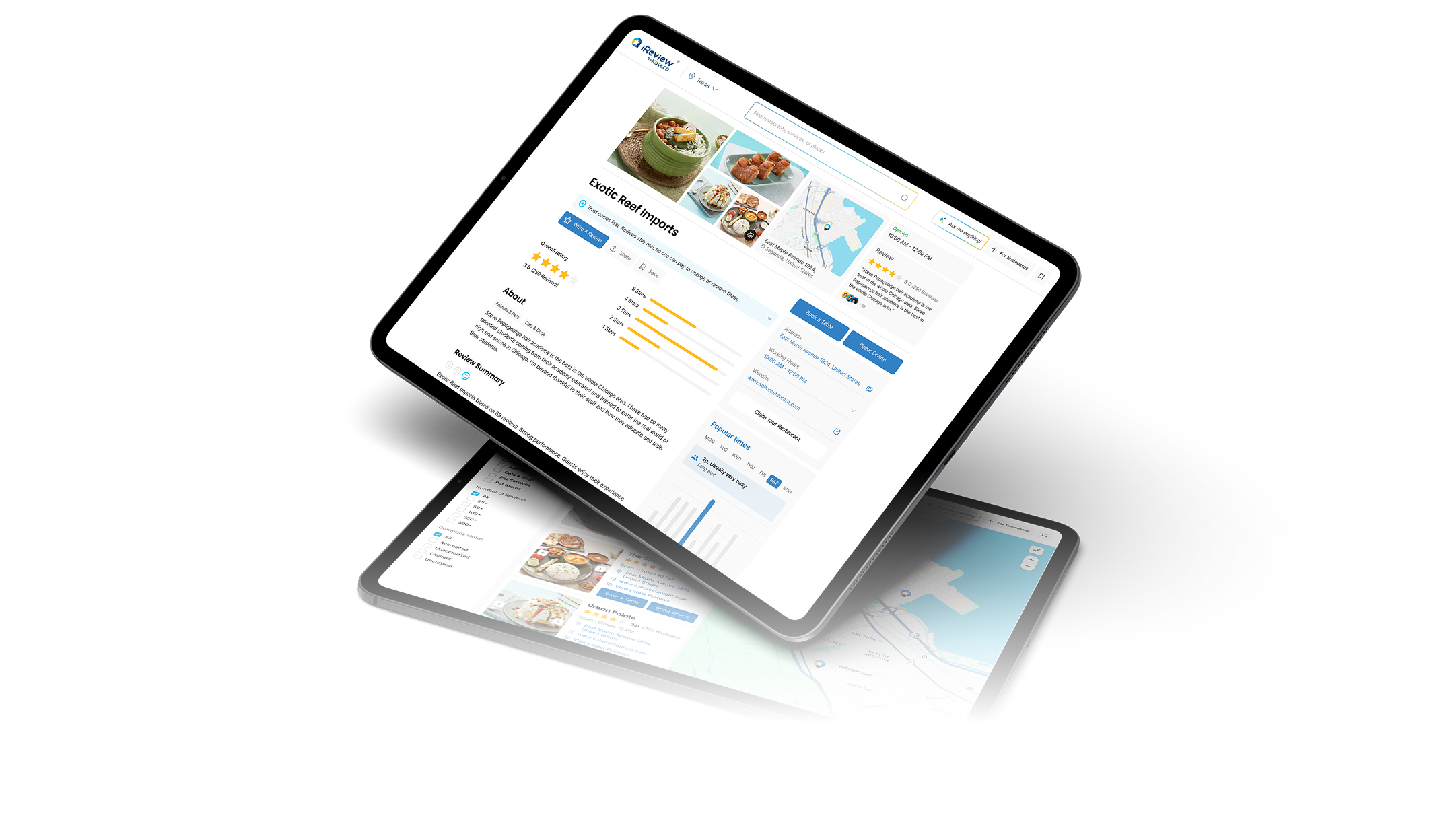 iReview Local business profile on a tablet