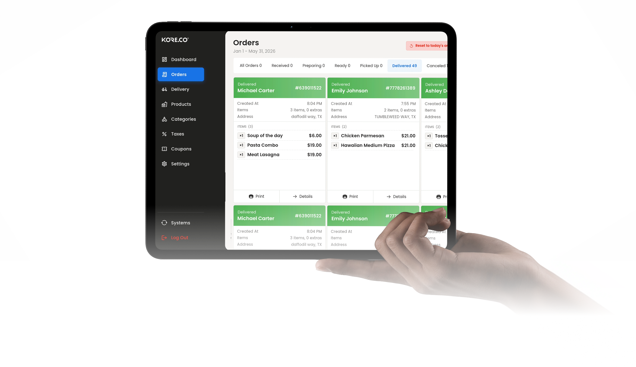Kore online ordering on a tablet