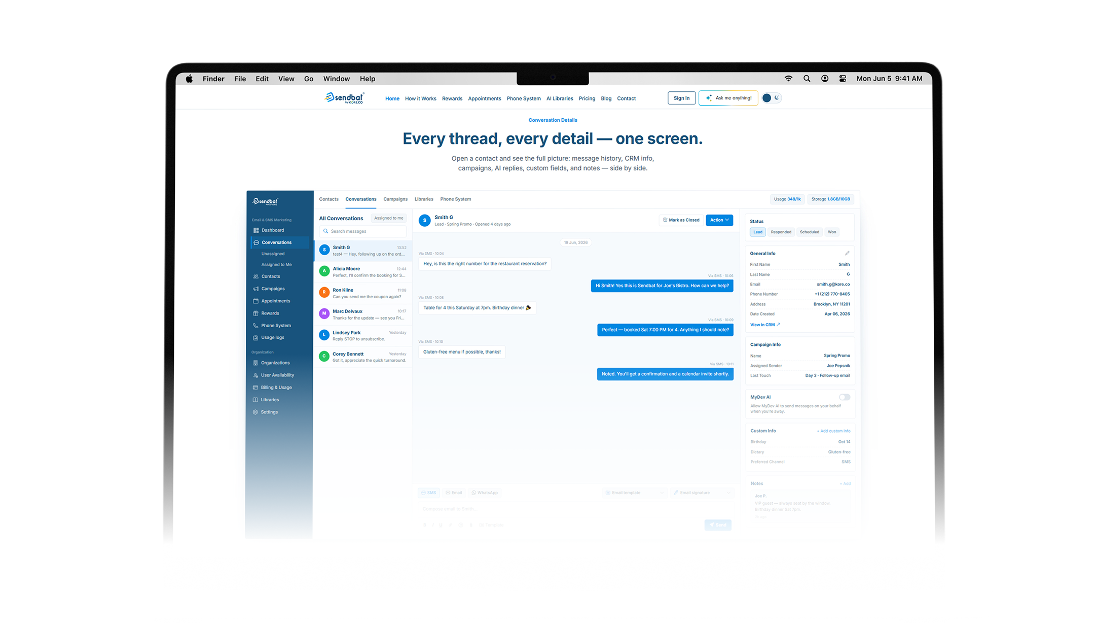 Sendbat conversations workspace on a laptop