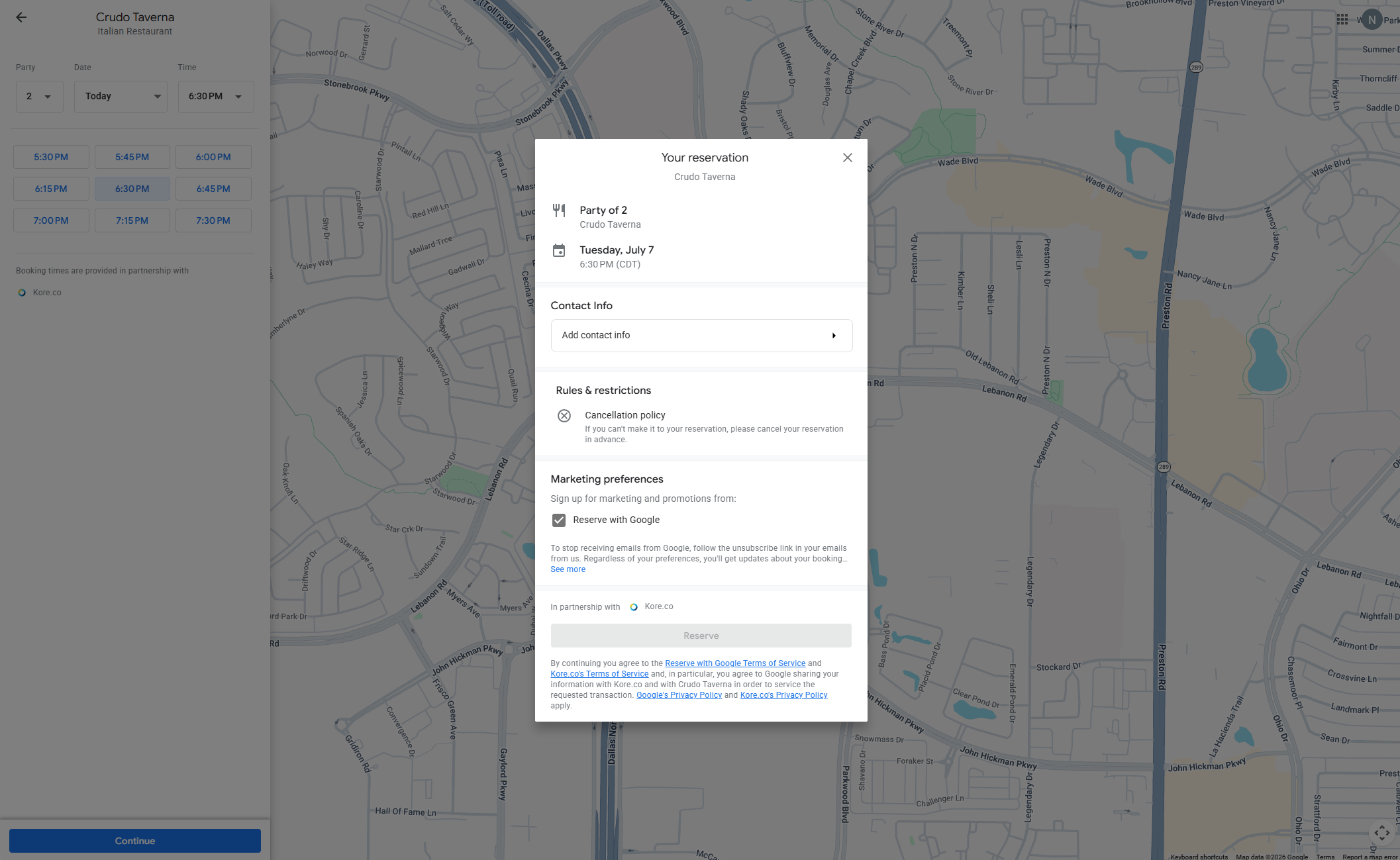 Kore reservations booking screen