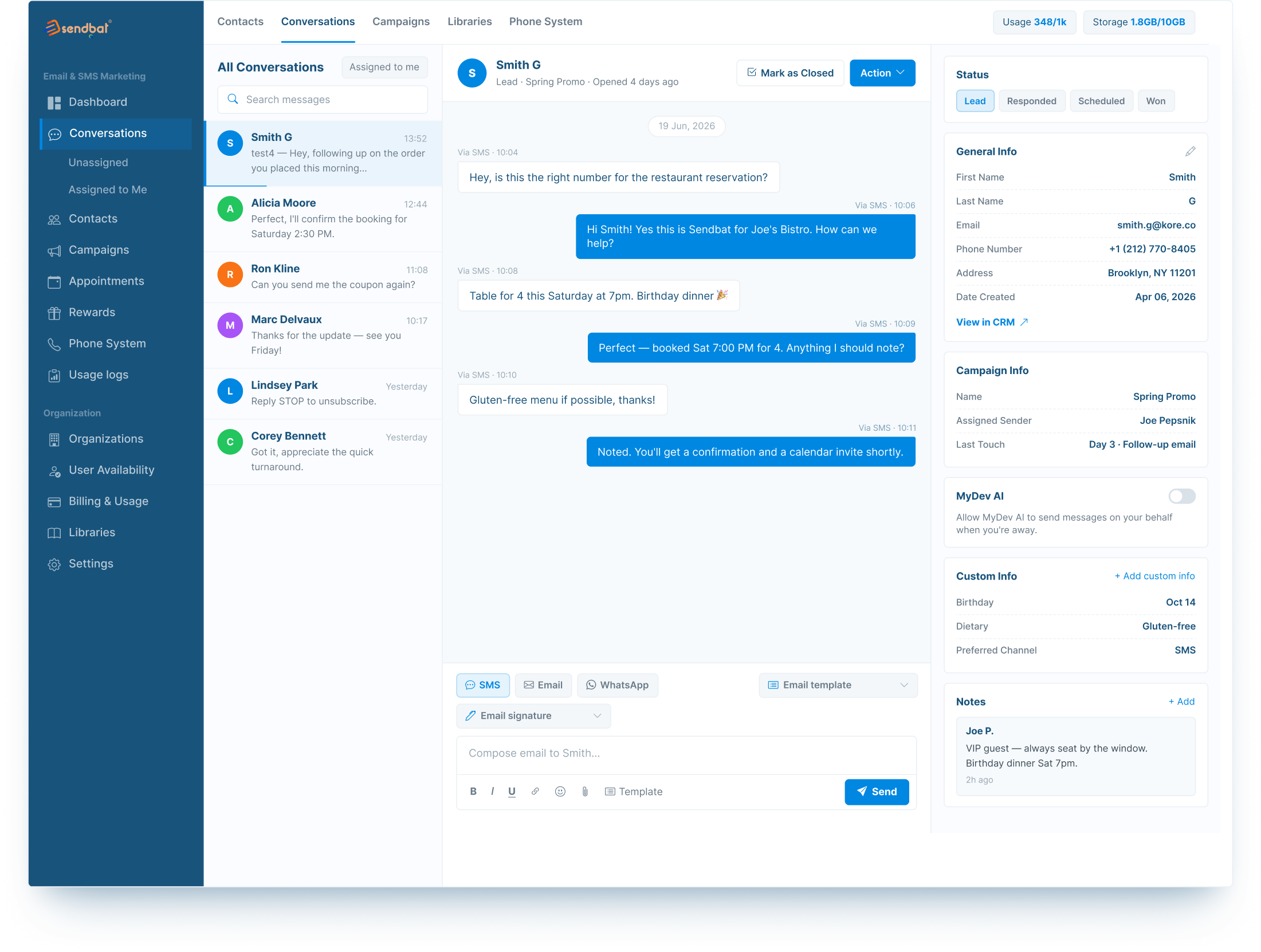 Sendbat conversations workspace showing the inbox, an SMS thread, and CRM details side by side